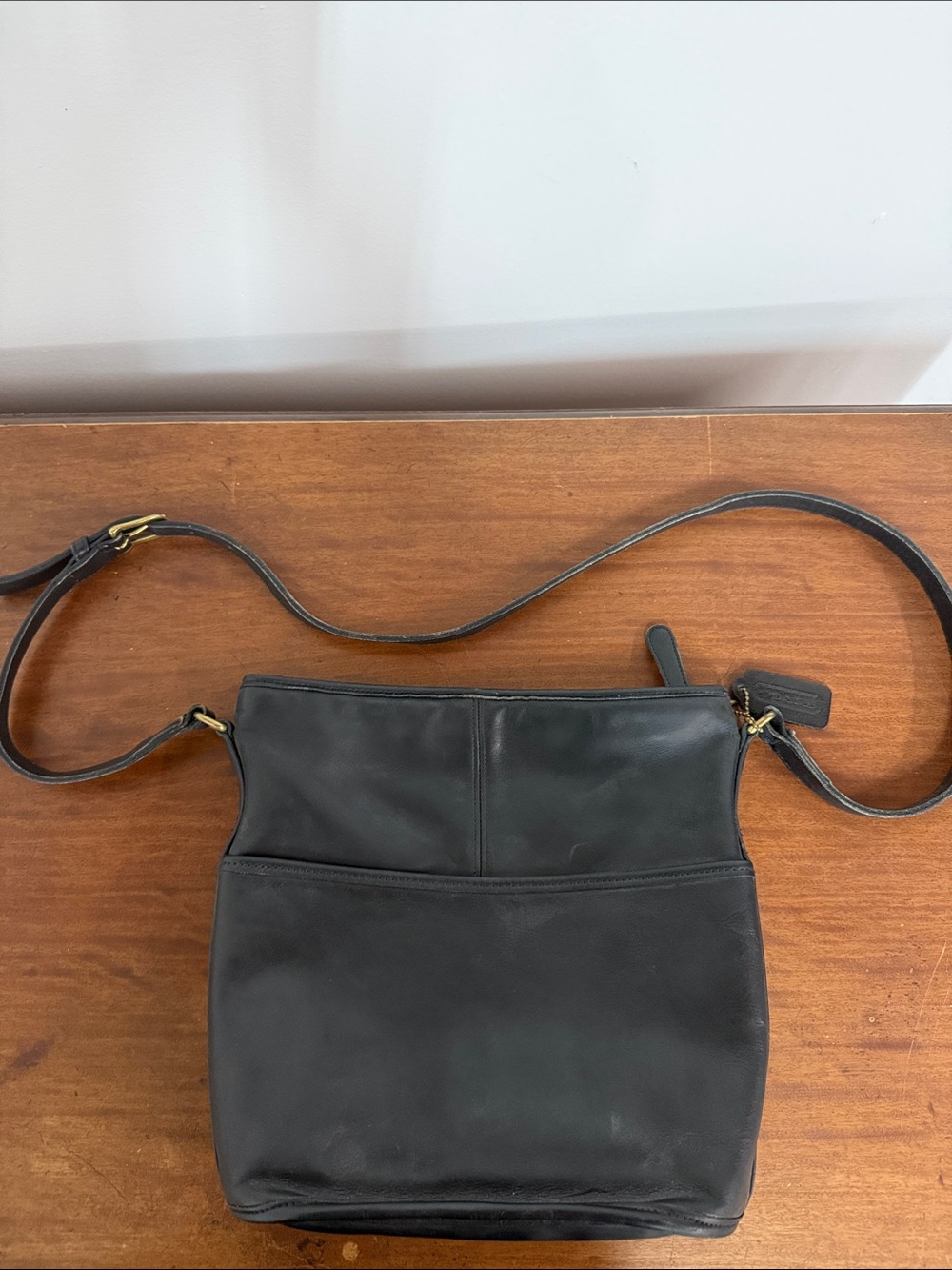 Vintage Coach Black Leather Crossbody Bag with Brass Hardware